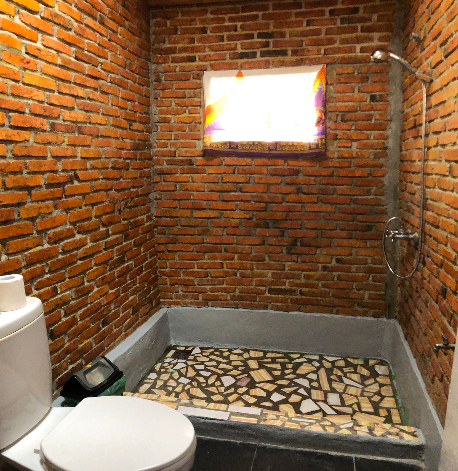 Private bathroom with exposed brick walls and mosaic tile shower