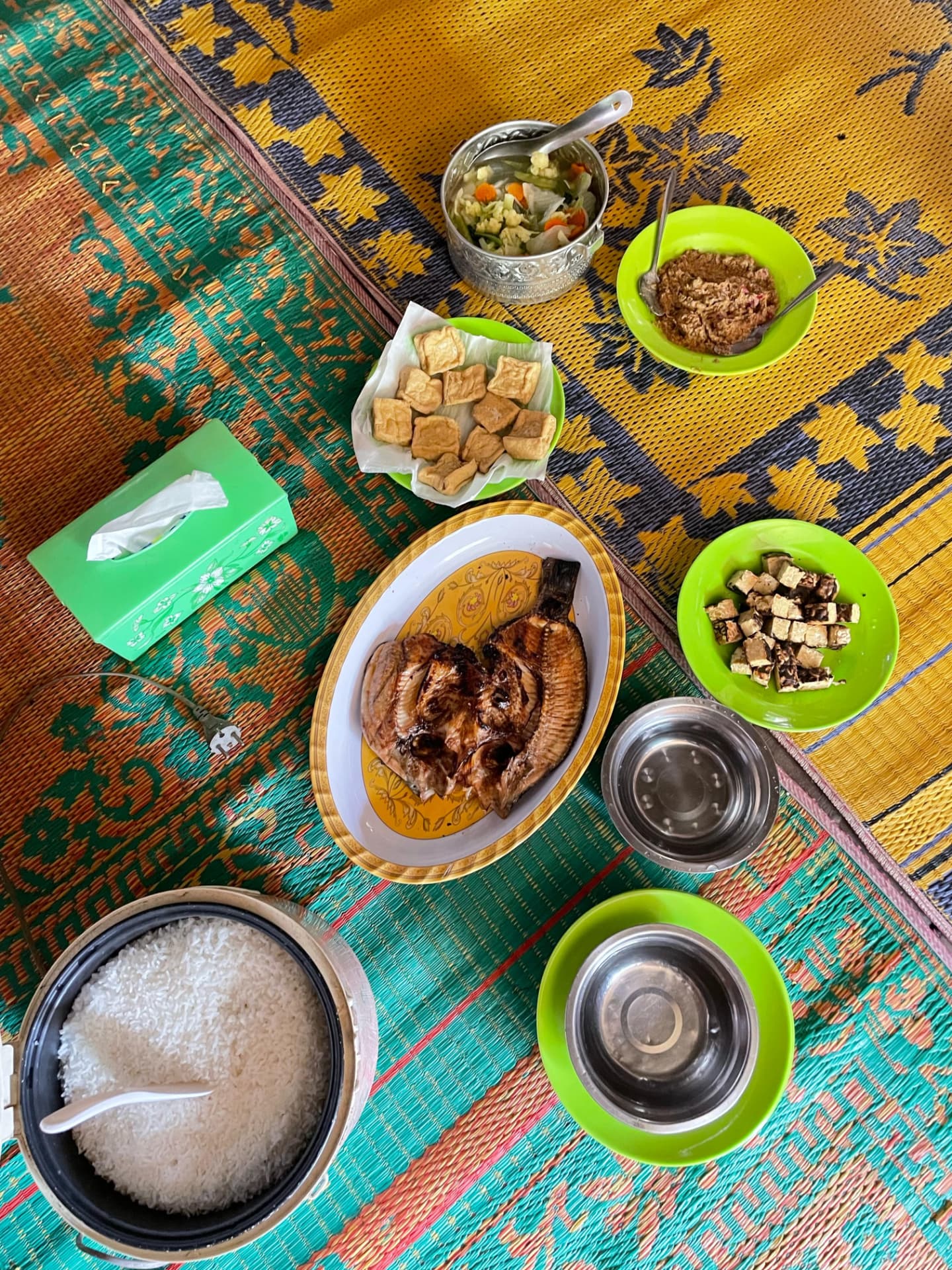 Batak-style lunch of grilled fish, rice, tofu and sambal served on a mat