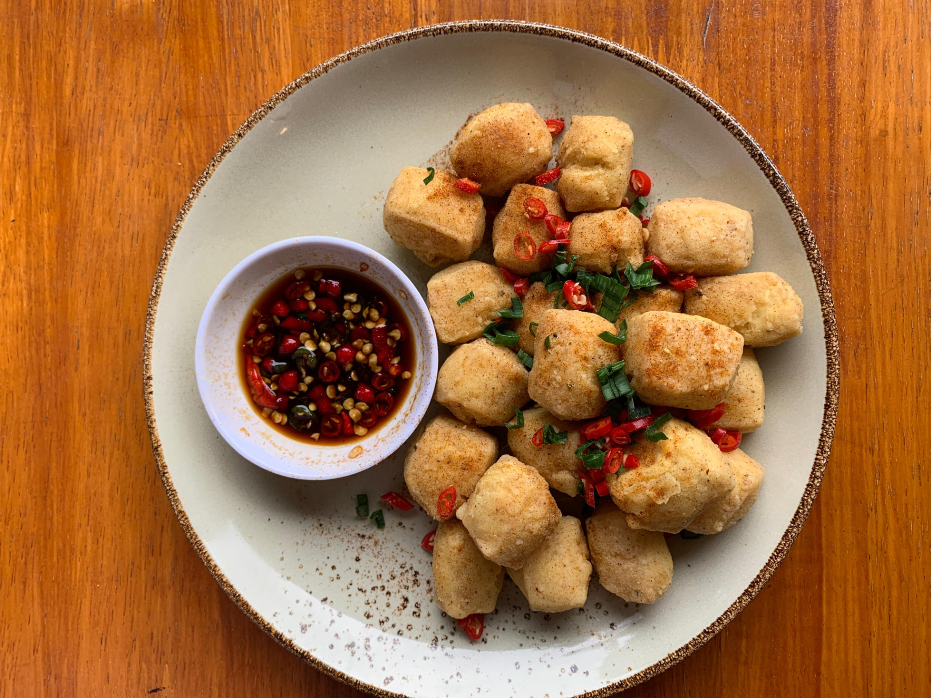 Crispy tofu bites with chilli soy dipping sauce